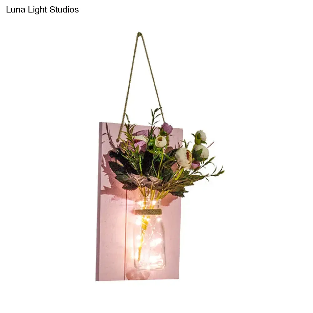 Cafe Rustic Floral Wall String Lights with Clear Glass Shades and Pink Backplate for Twinkling Ambience