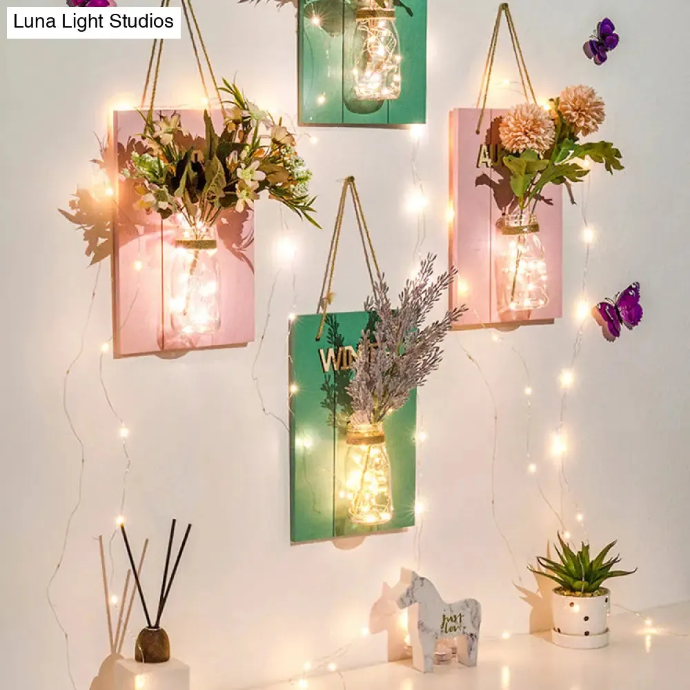 Cafe Rustic Floral Wall String Lights with Clear Glass Shades and Pink Backplate for Twinkling Ambience