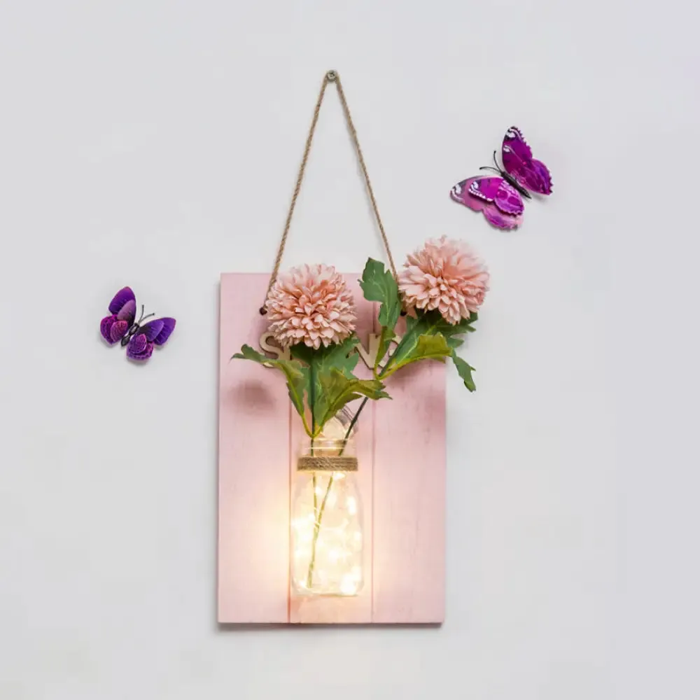 Cafe Rustic Floral Wall String Lights with Clear Glass Shades and Pink Backplate for Twinkling Ambience