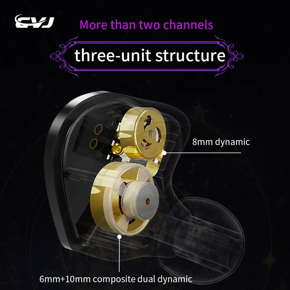 【CVJ Night Elf】 Dual-Channel Three-Unit in Ear Monitor Wired Earbuds with DLC Diamond Diaphragm IEM Earphones Gaming Earbuds for Musicians Singers Gamers