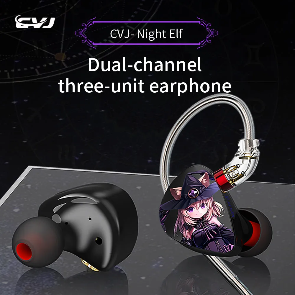 【CVJ Night Elf】 Dual-Channel Three-Unit in Ear Monitor Wired Earbuds with DLC Diamond Diaphragm IEM Earphones Gaming Earbuds for Musicians Singers Gamers