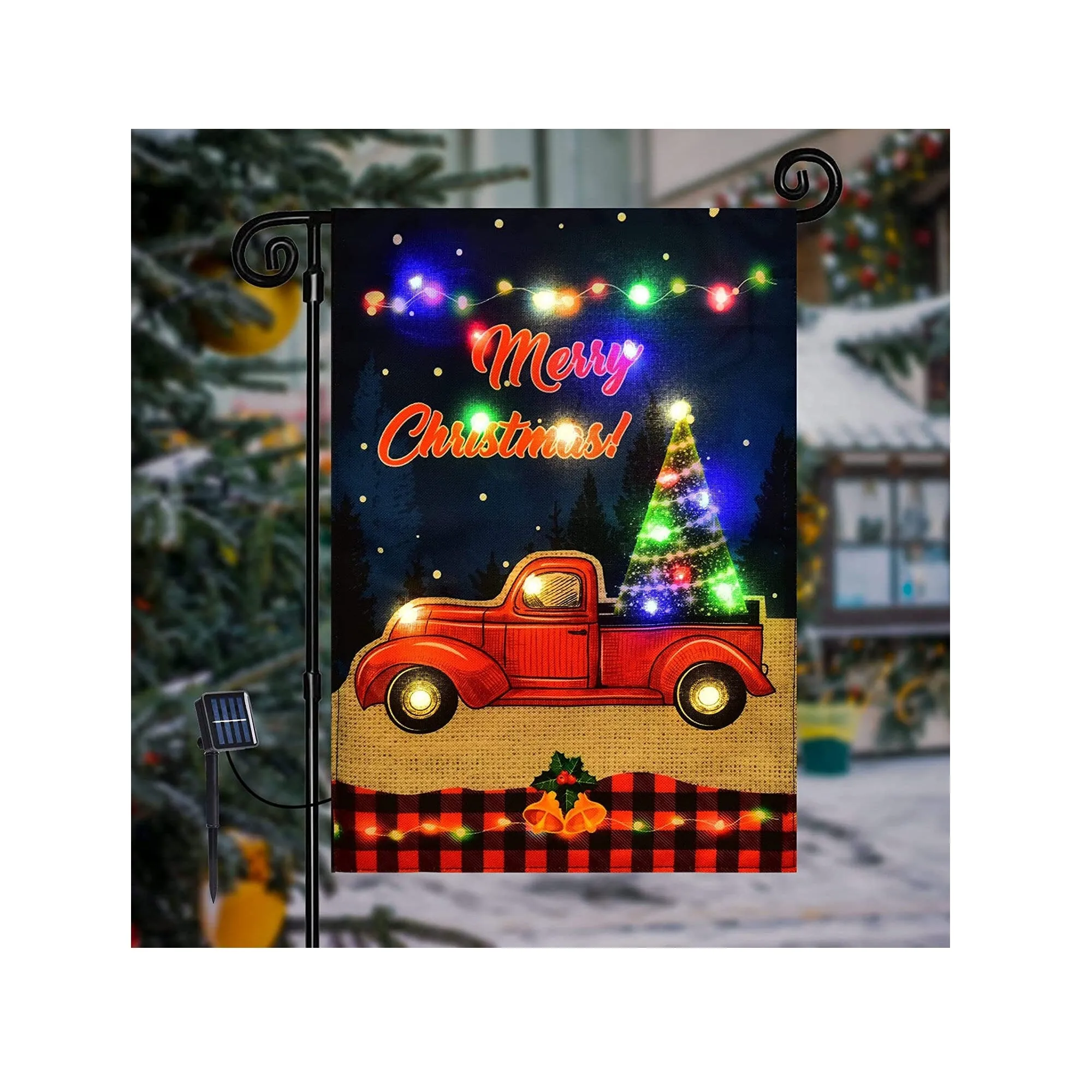 FLAGMESAGE Merry Christmas Lighted Garden Flag | LED Red Truck Flag | Vertical Christmas Flag for Outdoor Yard Garden Lawn Decoration