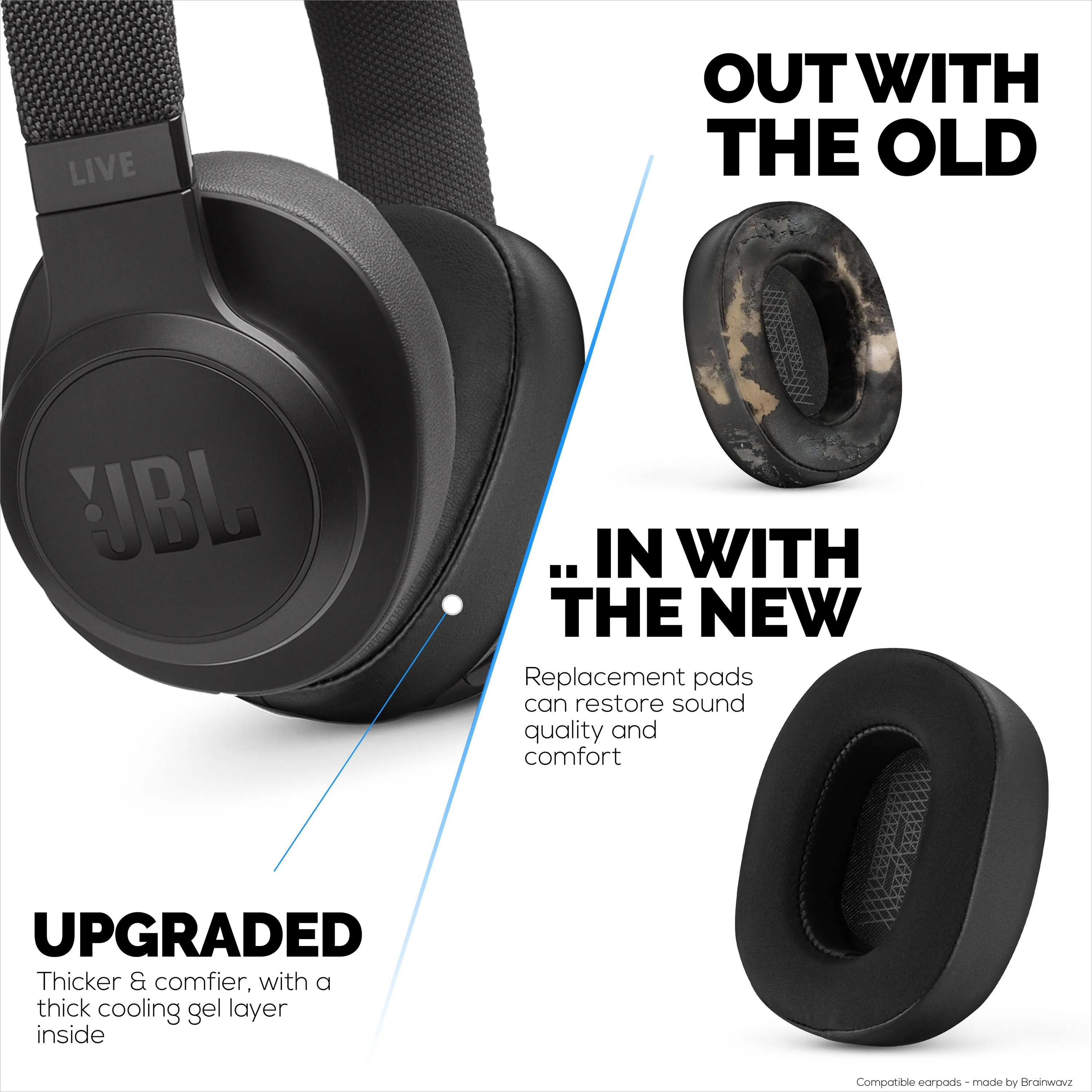 Hybrid Earpads for JBL LIVE 500BT Headphones, Cool Gel, Super Soft Fabric, PU Leather & Thicker Memory Foam