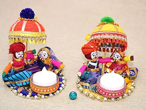 JH Gallery Recycled Material Rajasthani Raja Rani Puppet | Dolls Decorative Tealight Candle Holder | Diwali Decoration Items for Home Decor | Tea Light Candle Holder(Pack of 2)