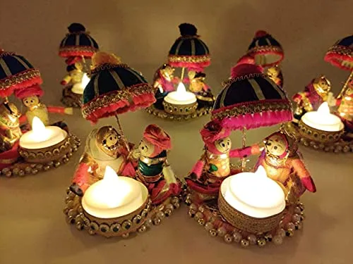 JH Gallery Recycled Material Rajasthani Raja Rani Puppet | Dolls Decorative Tealight Candle Holder | Diwali Decoration Items for Home Decor | Tea Light Candle Holder(Pack of 2)