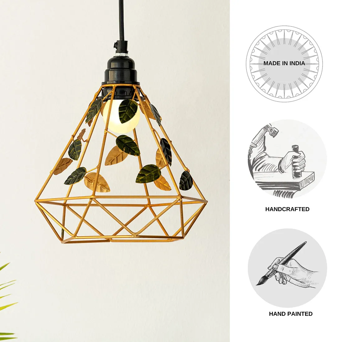 'Lush Foliage' Handcrafted Hanging Pendant Lamp Shade In Iron (9.6 Inch, Conical, Golden)