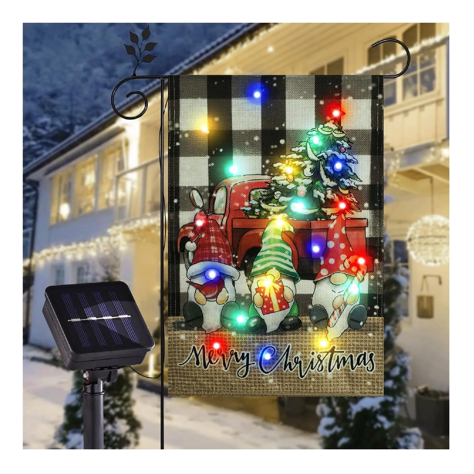 Merry Christmas Garden Flag Outdoor Decorations, Led Red Truck with Three Gnomes Yard Flag, Solar Lighted Christmas Garden Decor, Winter Garden Flags 12x18 Double Sided (Three Dwarves)