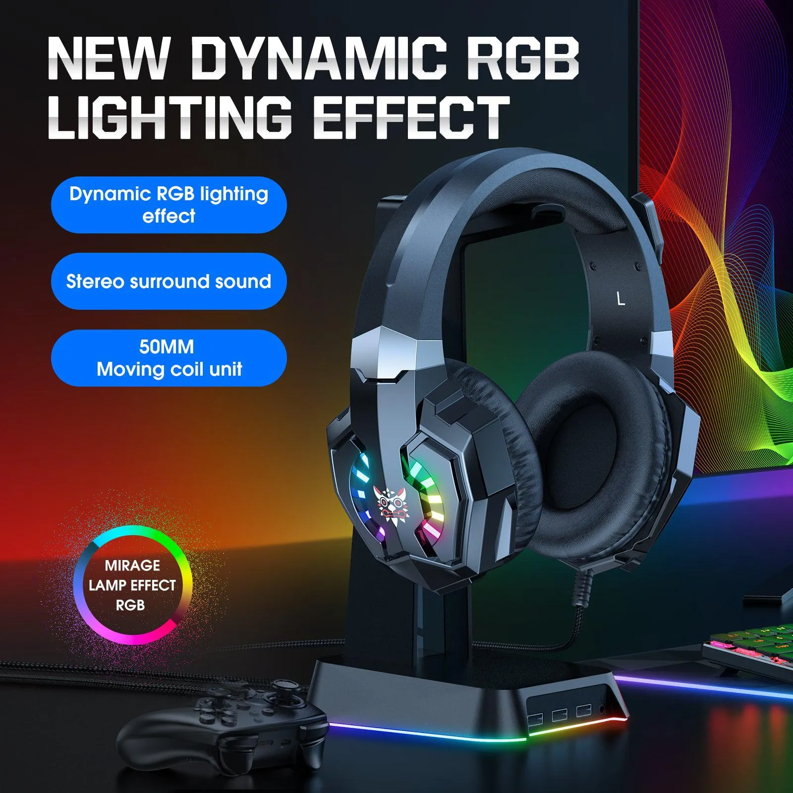 ONIKUMA X32 Wearable Wired Gaming Headset with Flexible Mic LED Lights, Dynamic RGB Lighting Effect