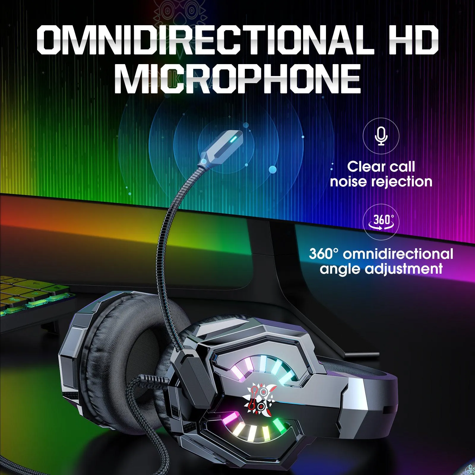 ONIKUMA X32 Wearable Wired Gaming Headset with Flexible Mic LED Lights, Dynamic RGB Lighting Effect