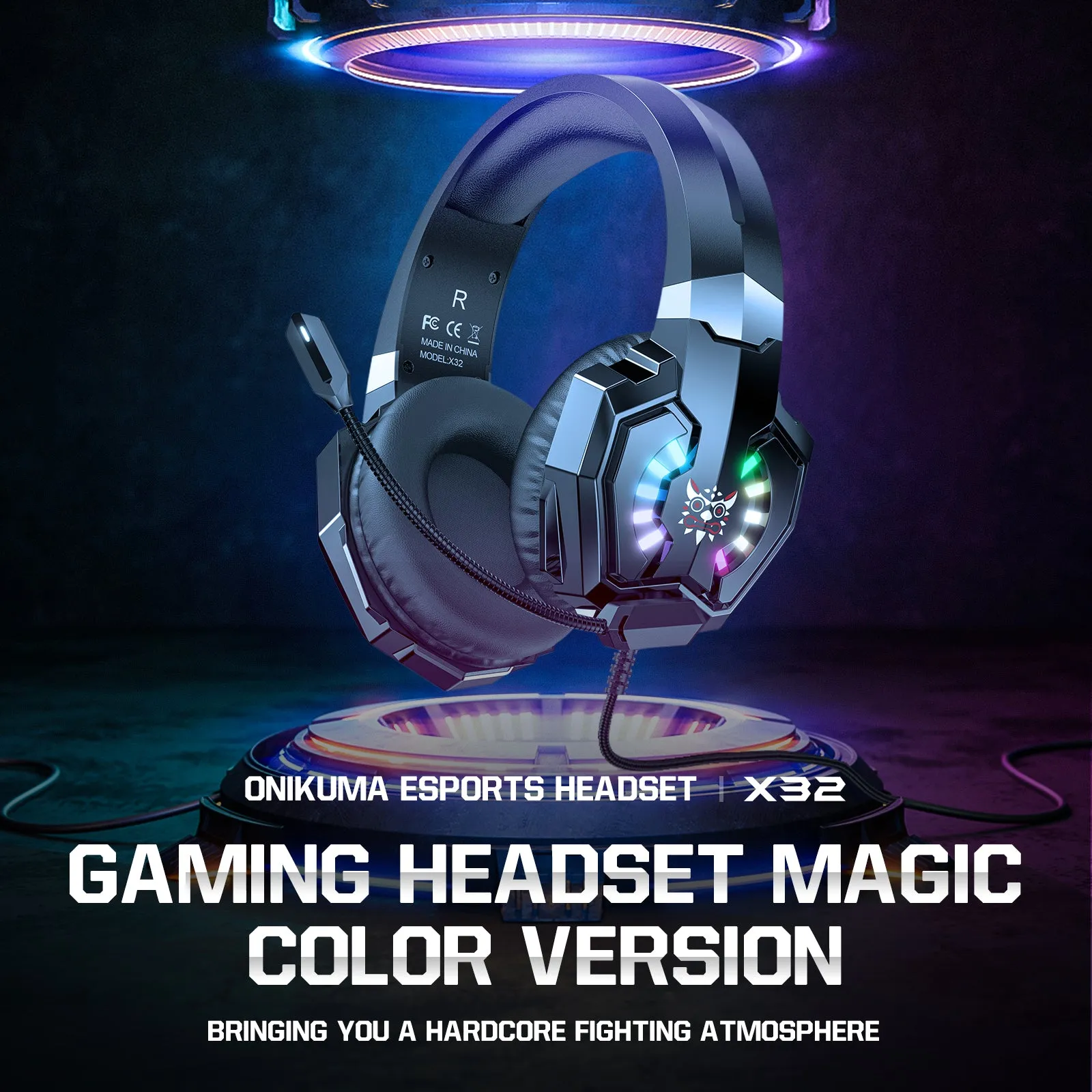 ONIKUMA X32 Wearable Wired Gaming Headset with Flexible Mic LED Lights, Dynamic RGB Lighting Effect