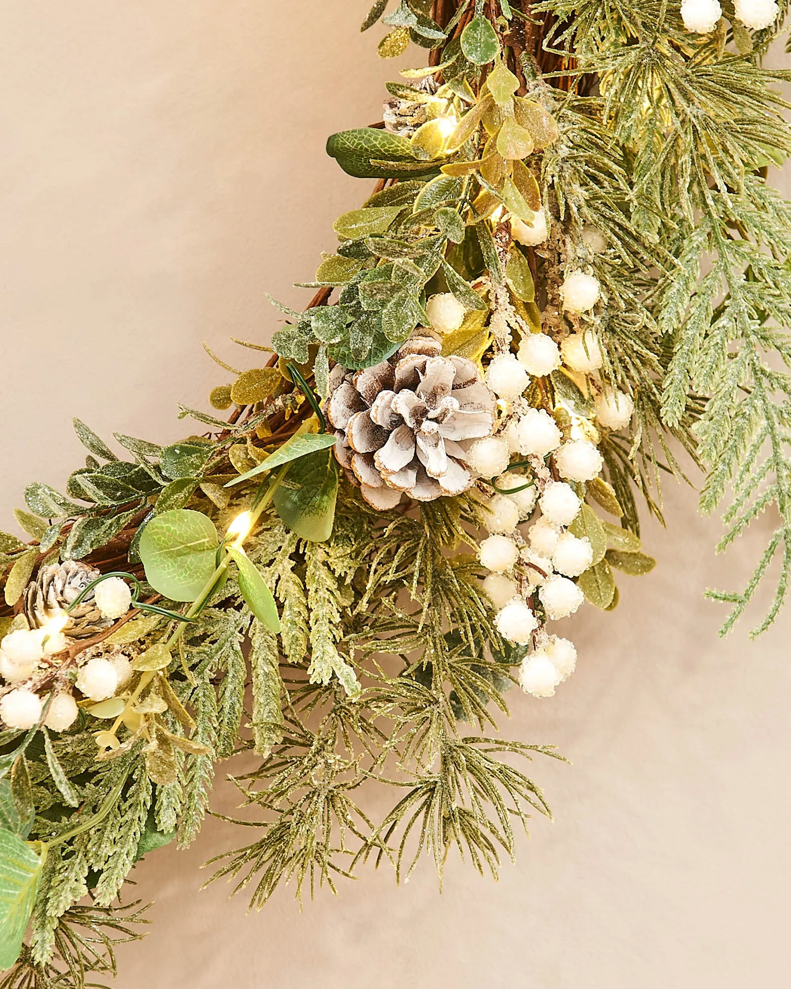 Pre-Lit Frosted Eucalyptus Wreath, 76 cm