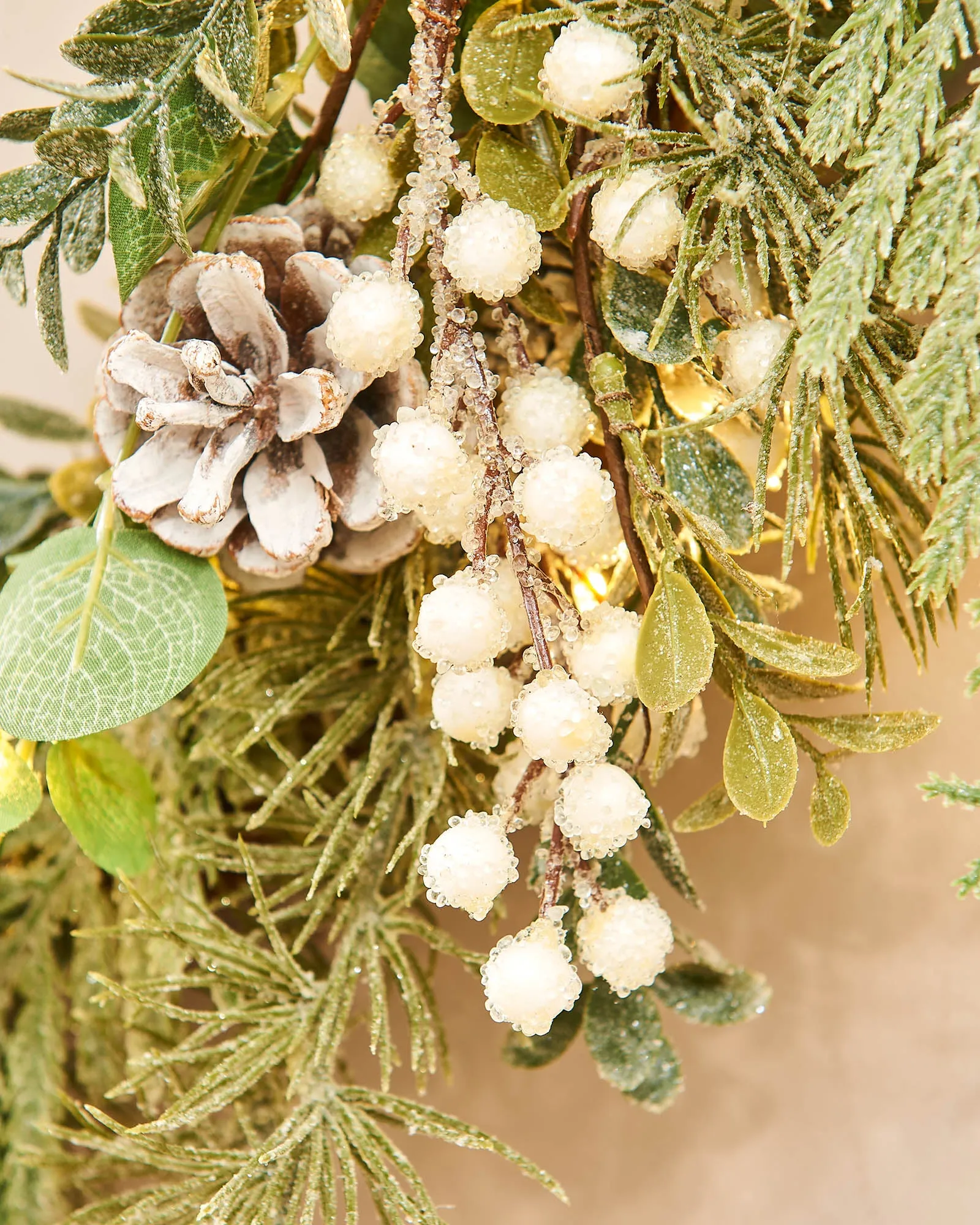 Pre-Lit Frosted Eucalyptus Wreath, 76 cm