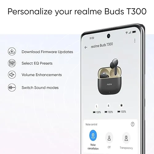 realme Buds T300 Truly Wireless in-Ear Earbuds with 30dB ANC, 360° Spatial Audio Effect, 12.4mm Dynamic Bass Boost Driver with Dolby Atmos Support, Upto 40Hrs Battery and Fast Charging (Stylish Black)