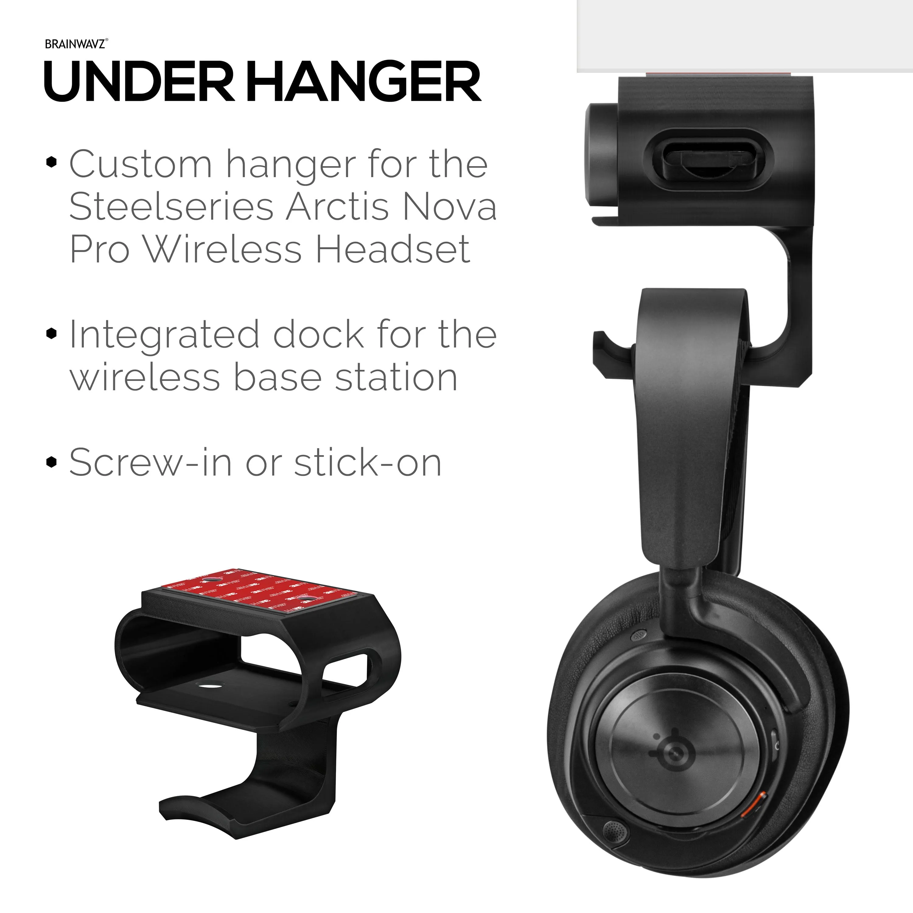 Under Desk Headphone Hanger Stand for Steelseries Arctis Nova Pro Wireless Headsets with Dock for the Wireless Base Station